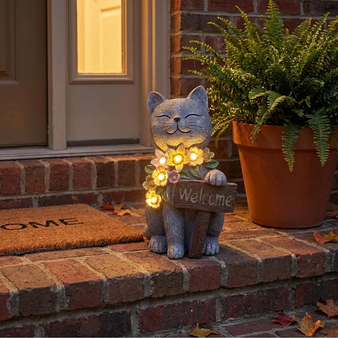 Solar Cat Garden Statue for Outdoor Decor, Cat Solar Light with Flowers, Resin Welcome Cats for Garden, Yard, Lawn Decor, Cats Lover Gifts for Women