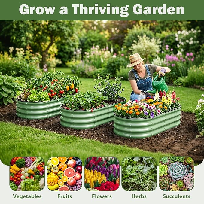 2 PCS Galvanized Raised Garden Bed 4x2x1 Ft, Oval Metal Outdoor Planter Box Kit with Safety Rubber Edge, Easy Assemble Bottomless Large Planting Container for Vegetable, Flower, Fruit, Green