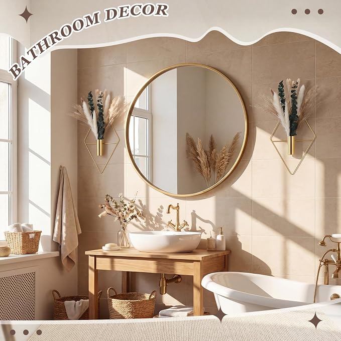 Canlierr 4 Pcs Gold Wall Decor Hanging Planters with Artificial Plants Eucalyptus Pampas Grass Metal Hanging Vase Indoor Plants Holder Modern Boho Wall Art for Bathroom Bedroom Living Room Decor