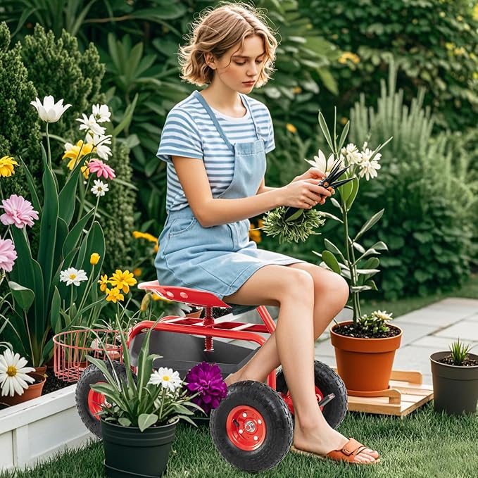 Goplus Rolling Garden Seat with Wheels, Outdoor Gardening Scooter with 360° Swivel Seat, Tool Tray & Basket, Adjustable Steering Handle for Lawn, Gardening Stool, Garden Cart for Planting