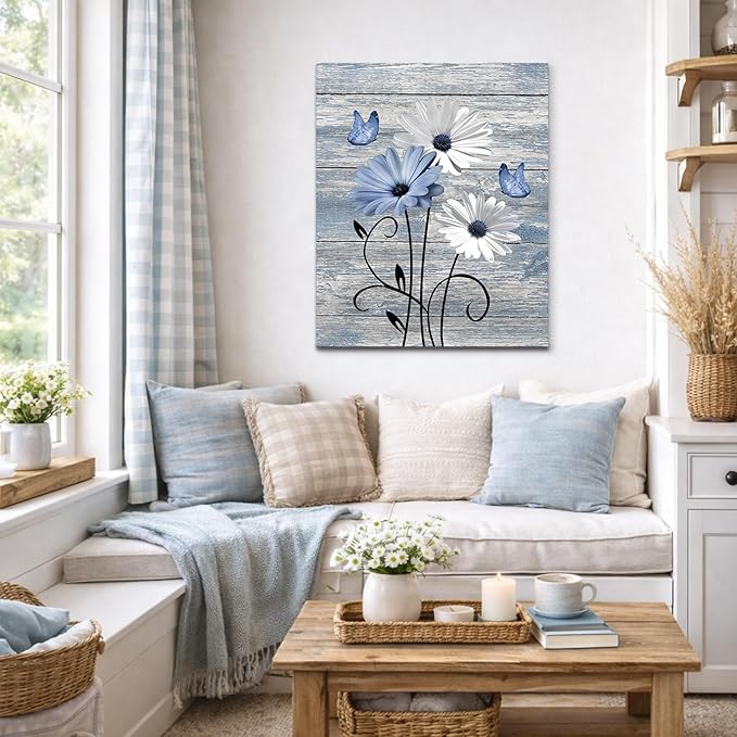 MYUSRE Farmhouse Blue Floral Canvas Wall Art, 16L X 12W Inch | Rustic Wood Daisy Butterfly Framed Wall Art Country Flower Pictures Wall Decor Ready to Hang