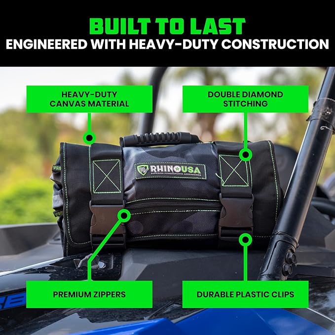 Rhino USA Tool Bag Roll - Heavy Duty Canvas Organizer Pouch for Tools - Ultimate Travel Tool Storage Kit for UTV, Car, Truck, 4x4 Offroad - Upgraded with Labeled & Removable Pouches - Secured for Life