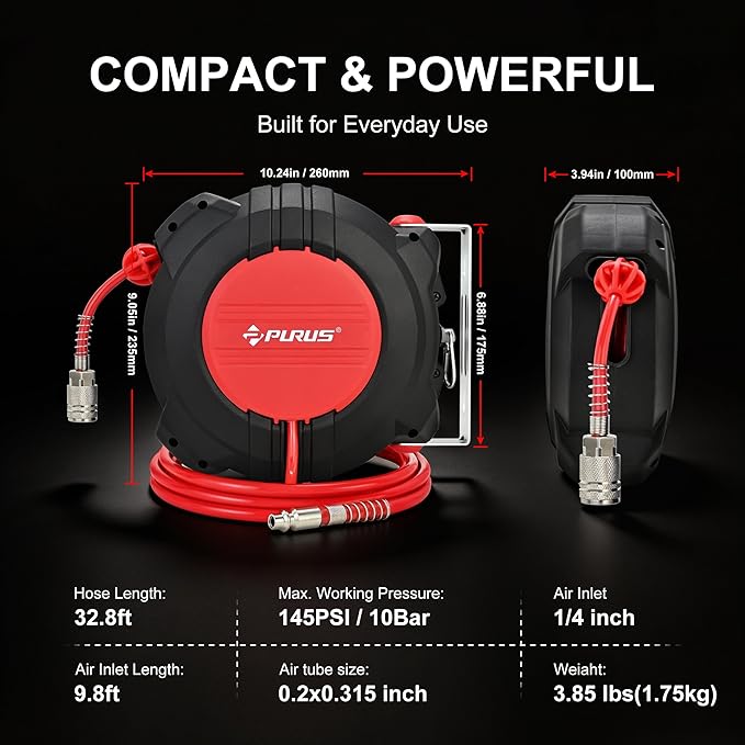 PURUS Retractable Air Hose Reel, 1/4" x 32ft, 180° Swivel Wall/Ceiling Mount, Auto Rewind, Hybrid Hose Max 145 PSI Pressure Air Compressor Hose Reel Quick Coupler for Workshop & Garage