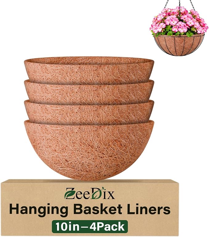 ZeeDix 4 Pack 10 Inch Coconut Liners for Planters, Round Hanging Basket Liners Natural Coco Coir Replacement Liner for Flowers Vegetables Patio Porch Garden Decor