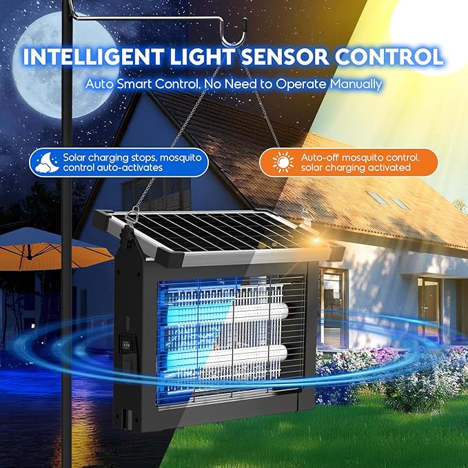 Solar Bug Zapper Outdoor with Projector Lights, 4500V Mosquito Zapper | Solar & USB Rechargeable, IPX5 Waterproof, Smart Dusk to Dawn, Cordless Insect Killer for Patio, Garden, Backyard, Camping