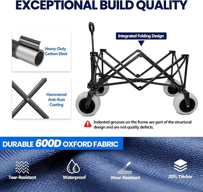 X800 Heavy Duty Beach Wagon with 9x4 Sand-Proof All-Terrain Wheels, 300L Oversized Foldable Wagon Cart with Side Bag, All-Terrain Utility Wagon for Beach Essentials, Sport, Camping (Navy Blue)