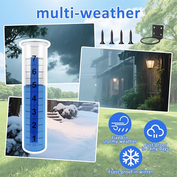 TBWHL Accurate Rain Gauge Outdoor,7" Rain Gauges Outdoors Best Rated with Stainless Steel Rack Holder, Thickened Plastic Large Precise rain Measure Guage for Yard Fence Garden Lawn Farm