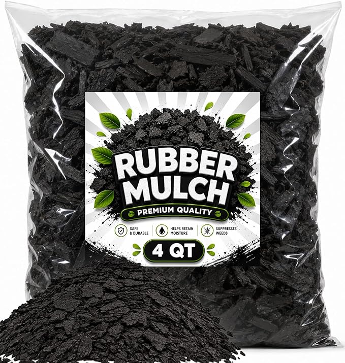 Premium Black Rubber Mulch 4 QT – Long Lasting Decorative Landscaping Ground Cover, Recycled Rubber Chips for Gardens, Flower Beds, Plants & Pathways, Fade Resistant Outdoor Mulch