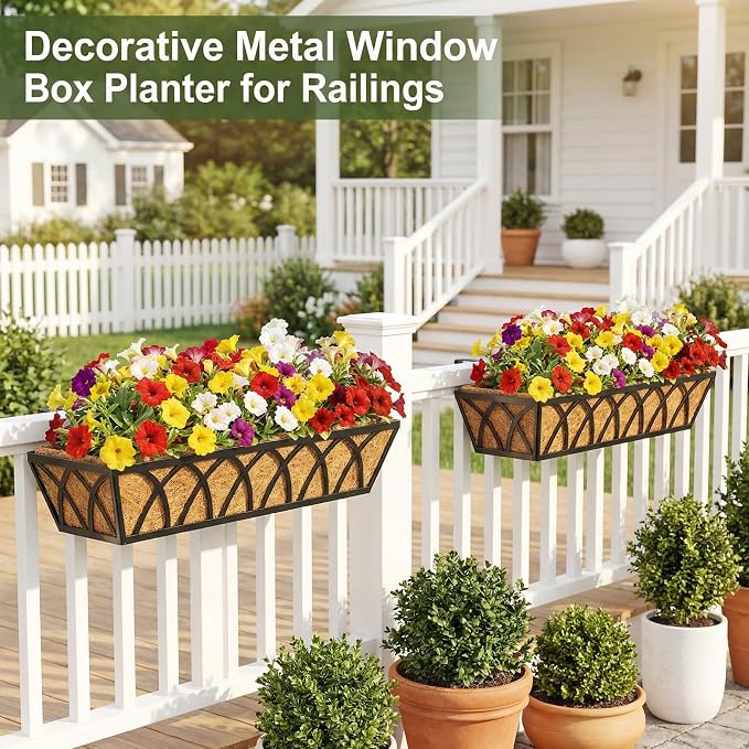 HFHOME 4 Pcs 30" Deck Railing Planter Box with Horse Trough Coco Liners, Black Window Box Hanging Flower Planters Baskets for Indoor, Outdoor, Balcony, Porch, Fence, Patio, and Lawn