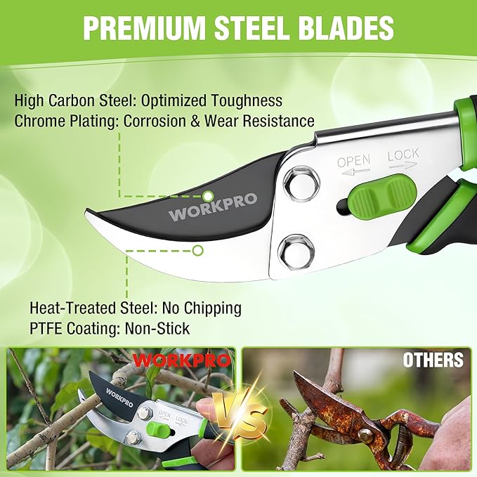 WORKPRO Bypass Pruning Shears, 8.5" Hand Pruner with Non-Slip Grip Handle, Garden Clippers with High Carbon Steel for Branches, Flowers, Fruits, Plants, Bonsai, Gardening Gifts for Women Men