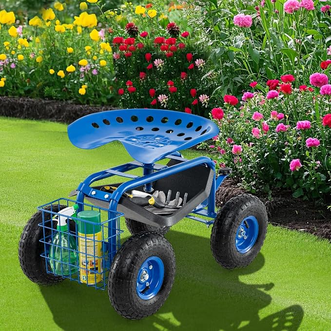 Giantex Garden Workseat, 360 Swivel Rolling Seat with Wheels, Tools Basket, Gardening Cart with Seat, Adjustable Height, Wagon Scooter for Patio Lawn Yard, Outdoor Steerable Stool (Blue)