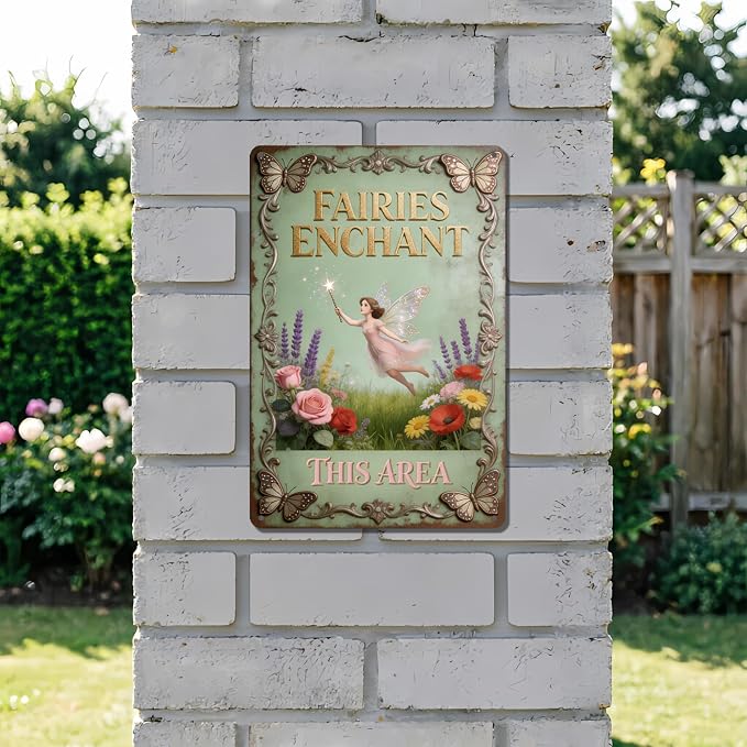 2D Flat Funny Garden Signs, Fairies Enchant This Area Vintage Garden Decor, Outdoor Wall Decor for Patio Yard Greenhouse Home, Waterproof Garden Gifts 8x12 Inch