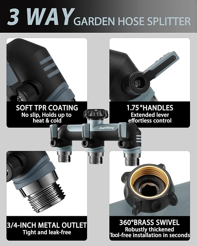 Garden Hose Splitter, 3 Way Hose Splitter, Heavy Duty Water Hose Bib Spigot Splitter, Outdoor Faucet Splitter with Shutoff Valve, T Adapter Connector with 3/4 - Inch GHT Thread (Grey)