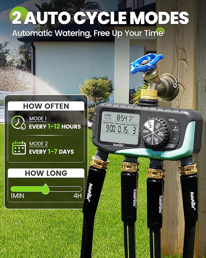 RAINPOINT Sprinkler Timer, 4 Outlets Hose Timer with Brass Inlet with Rain Delay/Manual/Automatic Controller System, Programmable Digital for Lawn Yard, 4 Zone (Sky Blue, 4 Outlets)