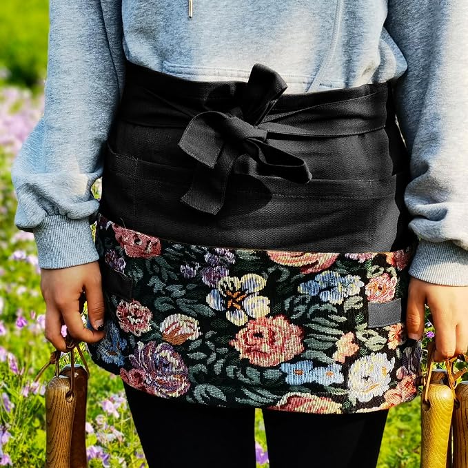 Garden Apron for Woman, Serve Apron Cute, Flora Half Apron with 8 Pockets, Valentines Gift for Mom Wife Girlfriend
