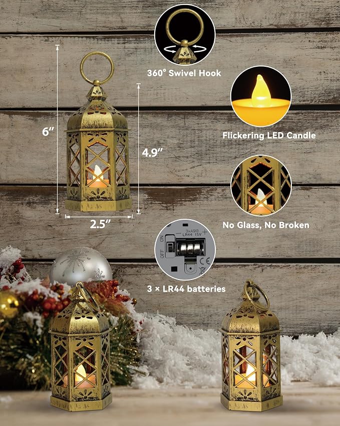 8-Pack Mini Lanterns with Flickering LED Candles for Ramadan, Small Decorative Hanging Lanterns for Halloween, Christmas, Wedding, Gold Lantern for Table Centerpiece, Garden Party Decor