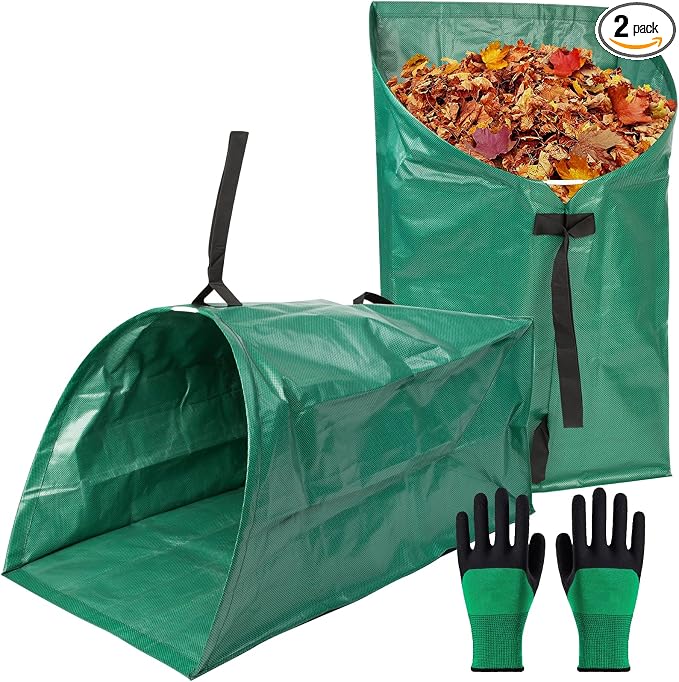 2 Pack 72 Gallon Large Leaf Collector, Foldable Reusable Yard Waste Bags, Heavy Duty Dustpan Type Garden Leaf Bags with Gloves
