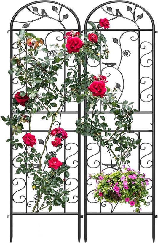 2 Pack 87"x20" Black Metal Garden Trellises, Decorative Daisy & Bird Rustproof Trellis for Outdoor Climbing Plants, Roses, Vines, Cucumbers & Vegetables