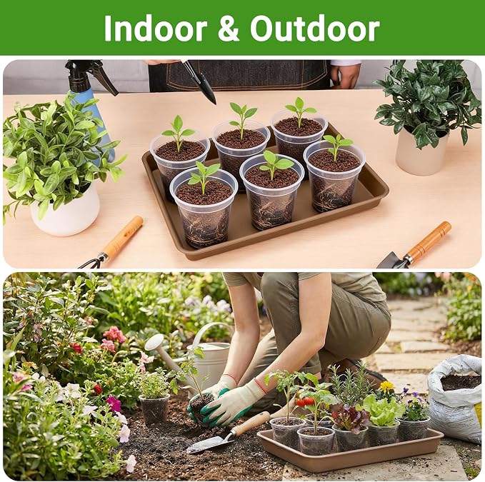 GREANER 3 Packs Plant Saucers for Indoors, 13 Inch Brown Plastic Tray, Rectangular Planter Trays and Saucers for Potted Plants