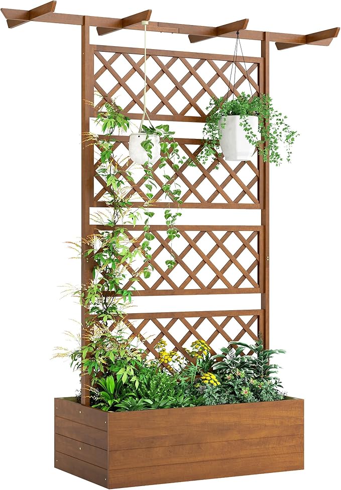 Outsunny Wood Planter Box with Trellis, Raised Garden Bed Privacy Screen Planter Box for Climbing Plants, Vines, Vegetables, Flowers, 63" x 21.75" x 72"