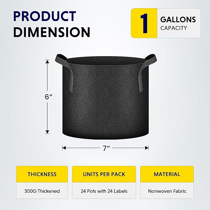 iPower 24-Pack 1 Gallon Grow Bags Heavy Duty Thickened Aeration Nonwoven Fabric Pots with Nylon Handles and 24 Labels for Planting Vegetables, Fruits, Flowers, Black