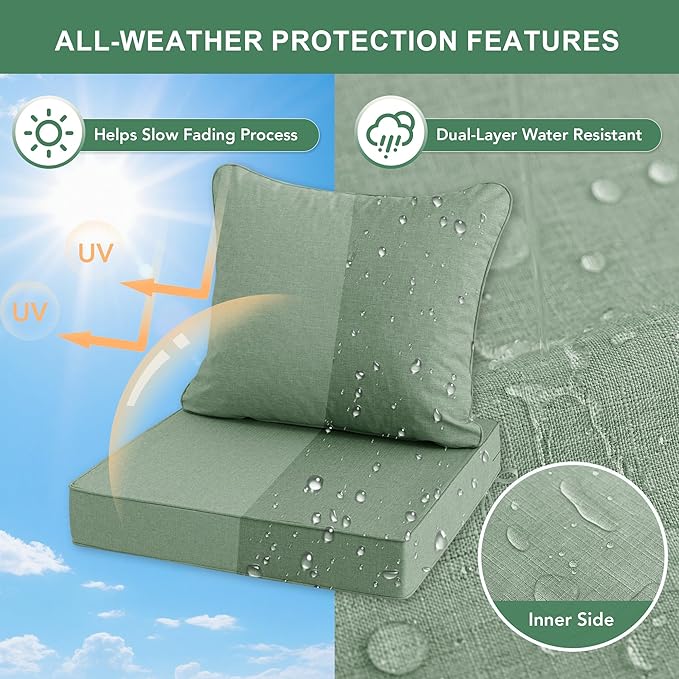 Summsun Outdoor Cushions for Patio Furniture, Faux Linen Water Resistant Backrest and Deep Seat Cushion Set with Removable Cover, Straps, Non-Slip Bottom, 24 x 24 Inch, Sage Green