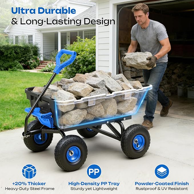 900LB Garden Dump Cart, 2026 Upgraded Heavy Duty Wheelbarrow Cart with 10" Non-Slip Pneumatic Tires & Quick-Release System, 4-Wheel Steel Frame Wagon for Transportation in Yard, Farm, Garden