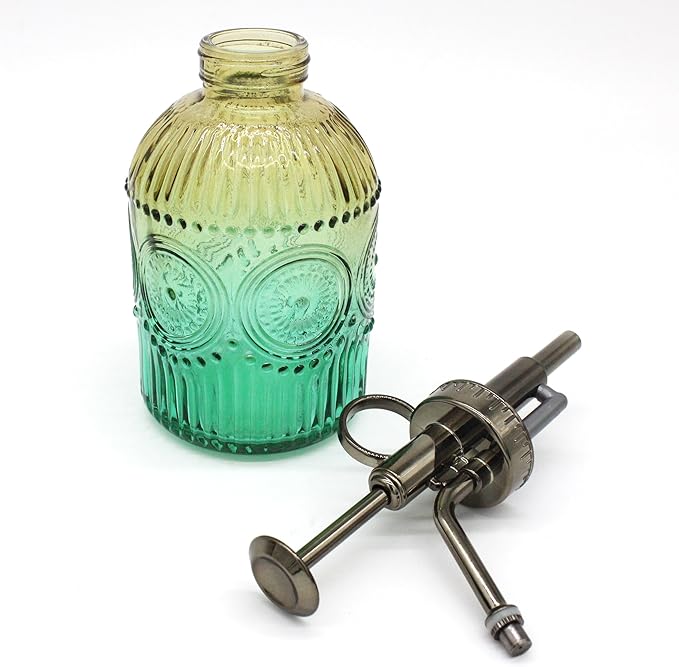 Glass Plant Mister Spray Bottle, 350ML Vintage Plant Spritzer with Top Pump Watering Can for Indoor Outdoor House Plants,Flowers (Gold-Green)