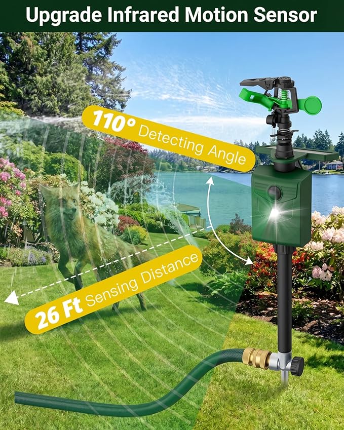 Motion Activated Sprinkler, Solar Animal Repellent Outdoor - 2 Packs Deer Cat Deterrent with Motion Sensor & Flashing Lights, IP65 Waterproof for Yard Garden Lawn Protection (Standard Model)
