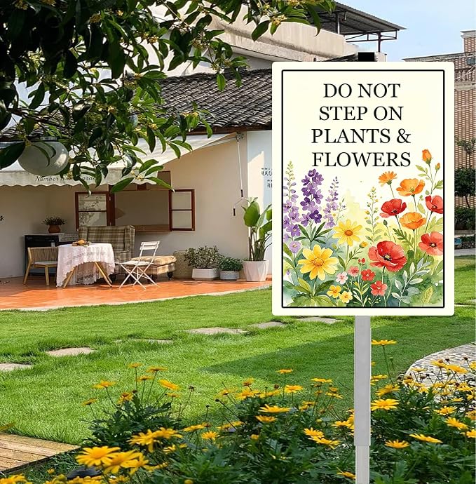 Do Not Step On Plants And Flower Yard Sign With Stakes Do Not Walk In Stay Out of Flowers Bed Signs Keep Off Wildflower Pollinator Habitat Reflective Rustproof Aluminium Garden Outdoor 8X12 IN