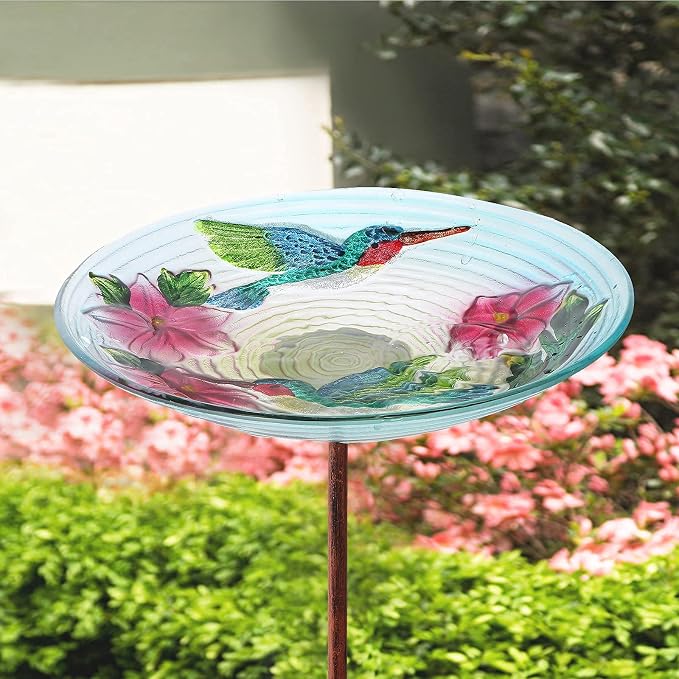 MUMTOP Glass Bird Bath, Garden Outdoor Birdbaths Birdfeeder with Metal Stake, Multi