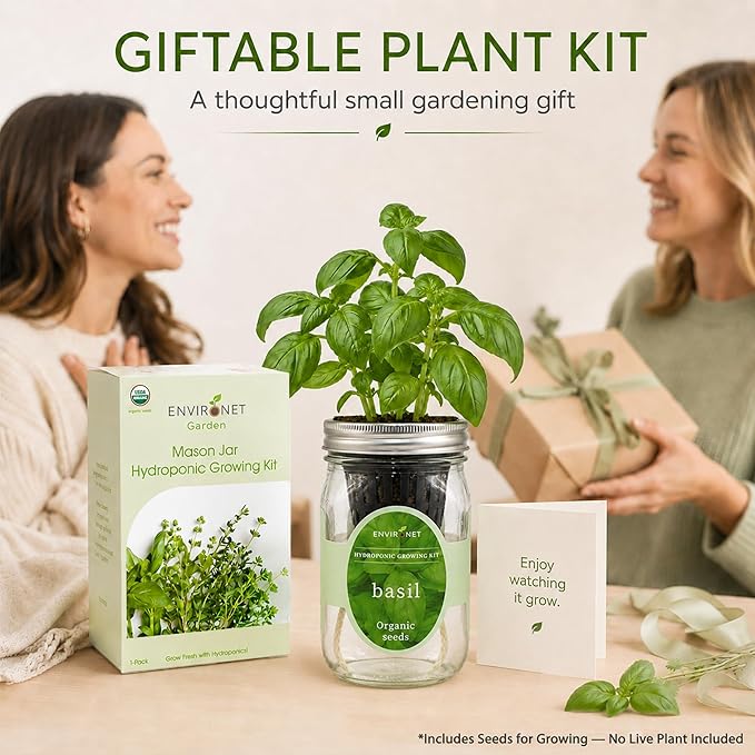 Hydroponic Growing Kit, Self-Watering Mason Jar Herb Garden Starter Kit Indoor, Windowsill Herb Garden, Grow Your Own Herbs from Organic Seeds (Basil)