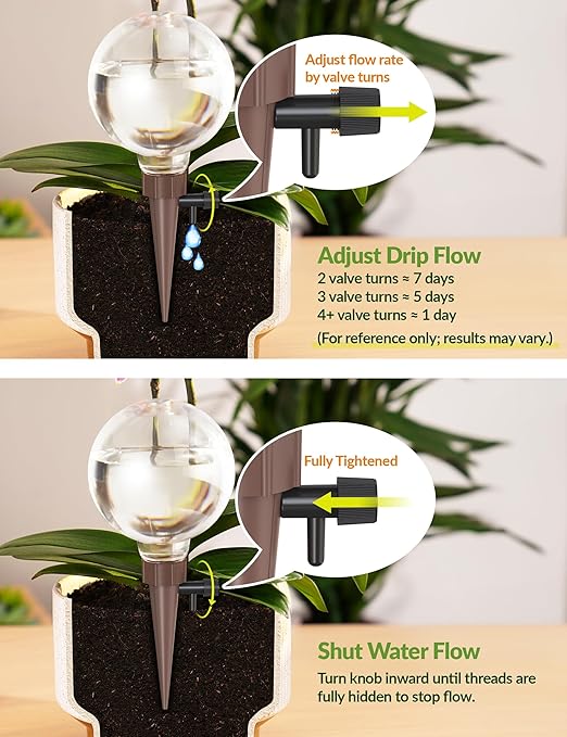 NiHome Plant Self-Watering Globes for Busy Individuals & Travelers, Long-Lasting Moisture Consistent Dripper Spike for Indoor Plants, Adjustable Flow Valve Easy to Refill & Maintain (2-Pack)