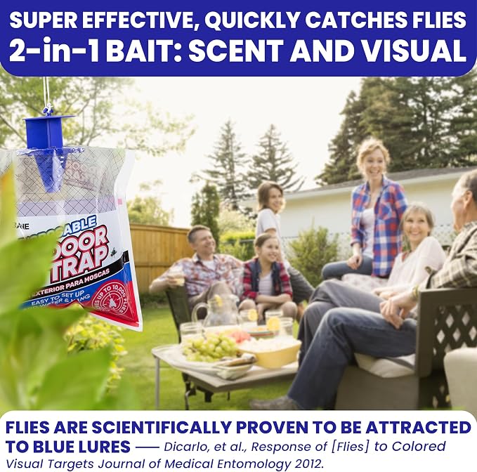 Fly Traps Outdoor Fly Trap for Patio. 9 Non-Toxic Pre-Baited Flies Bags Outdoor Disposable. Hanging Bug Catchers for All Filth Flies Killer for Outside Bug Control in Yard Horse Ranch Trash Can.