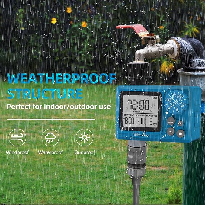 TiFFCOFiO Sprinkler Timer Outdoor, Digital Programmable for Garden Hose, Irrigrtion Timer with Rain Delay and Manual Mode (1 Pack)