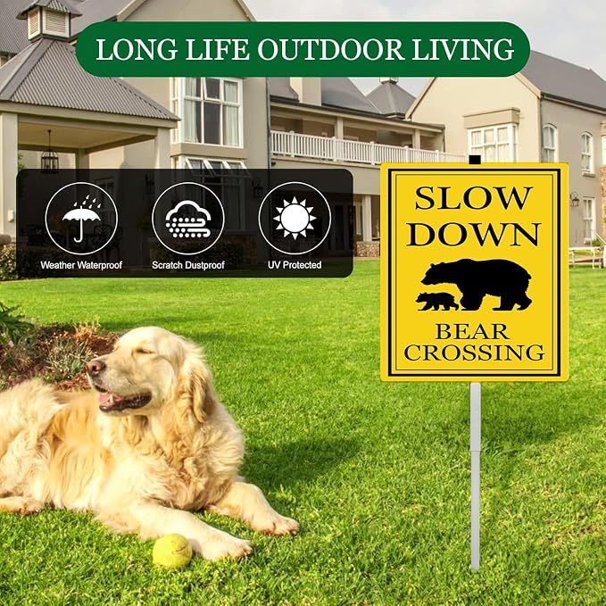 Bear Crossing Sign With Stakes Slow Down Sign For Neighborhoods Reflective Rustproof Aluminium Yard Garden Stake Caution Sign Wild Lawn Walkway Decorations Animal Signs 8X12 IN