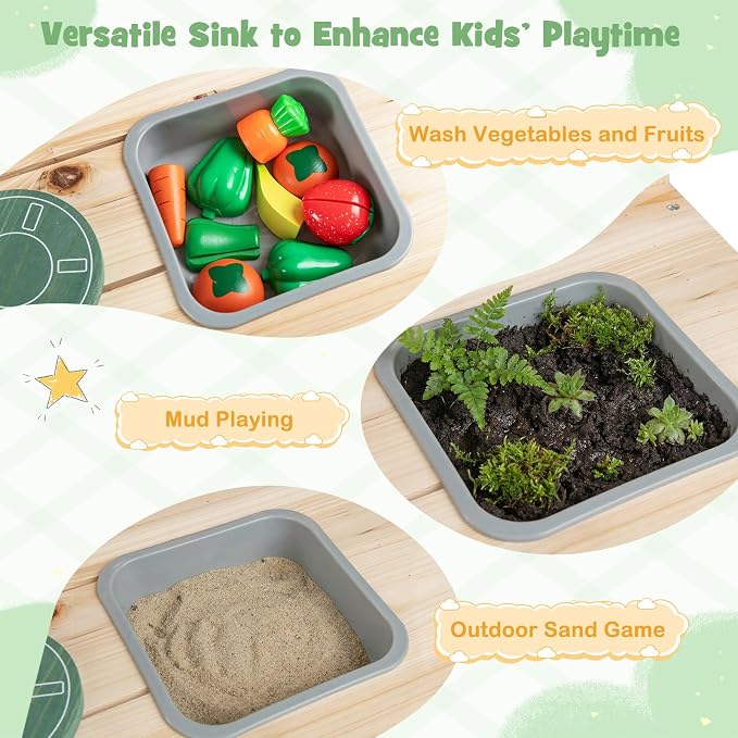 HONEY JOY Mud Kitchen, Fir Wood Mud Table Potting Bench for Kids Outdoor, Chalkboard, Flowerpots, Montessori Outdoor Play Kitchen for Toddlers, Children Backyard Furniture for Garden Patio, Natural