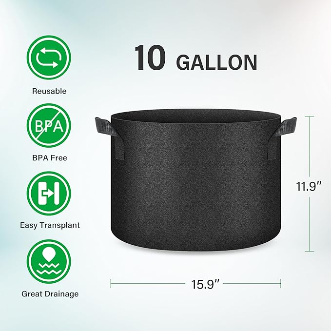 YSSOA 10-Pack 10 Gallon Grow Bags, Aeration Nonwoven Fabric Plant Pots with Handles, Heavy Duty Gardening Planter for Potato, Tomato, Vegetable and Fruits, Black 2024 Version