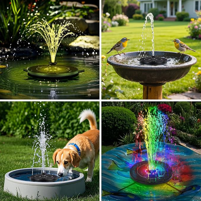 SEIRMEP Solar Fountain Pump with 3 Spray Height Adjustments, Upgraded Glass Solar Bird Bath Fountains with LED Lights,6 Nozzles,Outdoor Solar Water Fountain for Bird Bath, Garden, Pool, Pond (Black)