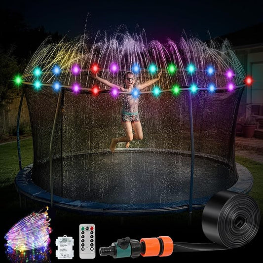 Trampoline Sprinkler with Lights - 16 Colors LED Trampoline Water Sprinkler, Remote Control Waterproof Sprinkler for Trampoline, Trampoline Water Accessories for 8-12FT