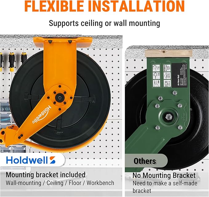 Retractable Air Hose Reel, 1/2" x 50FT EPDM Rubber Air Hose, 300PSI Max, Auto-Rewind & Length-Lock, 1/2" NPT Fitting, Ceiling/Wall Mount Heavy Duty Dual Arm Steel Reel for Workshop/Garage