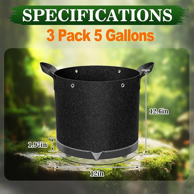 3 Pack 5 Gallon Self-Watering Grow Bags, Thick Nonwoven Fabric Pots with Support Rings and Reinforced Handles, Self-Watering Planters with Bottom Reservoir for Tomatoes Peppers Potatoes and Vegetables