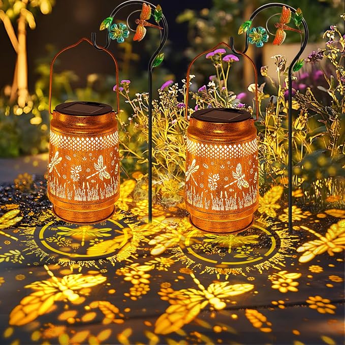 2 Pack Solar Lanterns Outdoor Waterproof Dragonfly Garden Decor, Birthday Gifts for Women Mom Grandma, Hanging Solar Lights Metal LED Decoration with Shepherd Hook Outside for Yard Patio Lawn Porch