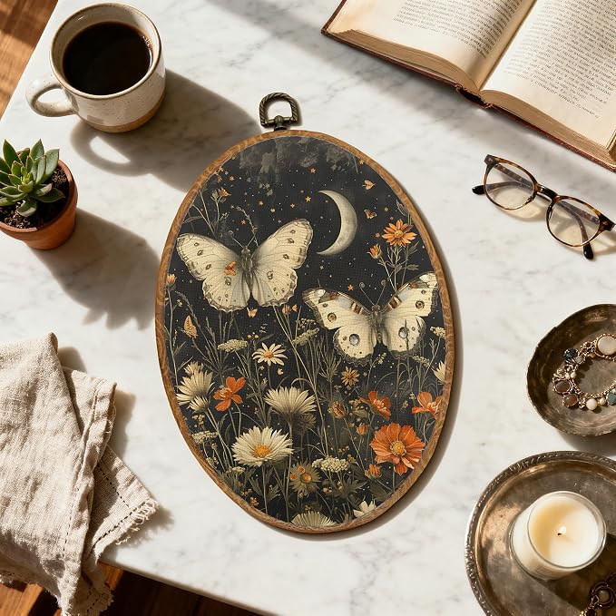 DOFQZ Dark Floral Butterfly Oval Wall Art Decor, Cottagecore Moth and Butterfly Framed Wall Art, Mystical Insect Canvas Walls Hanging Decor for Home Bedroom Living Room, 8.5x11.5