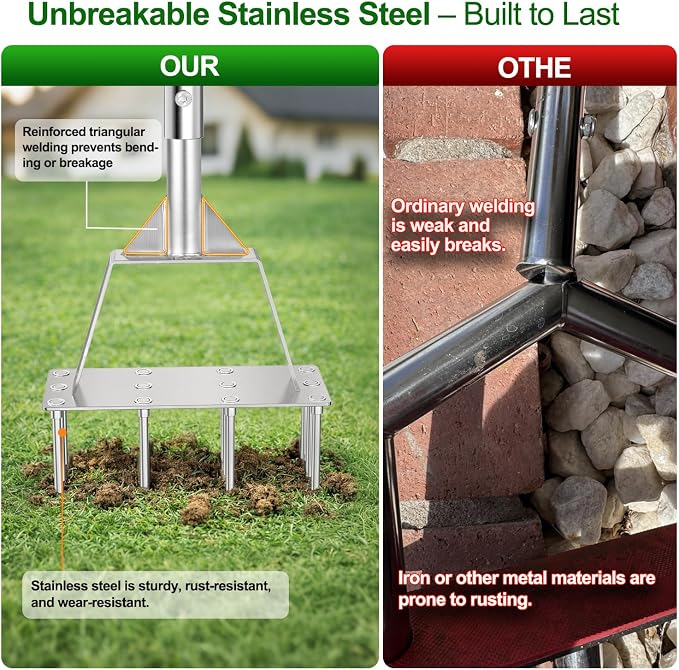 Lawn Aerator Tool, Heavy-Dut Stainless Steel Lawn Spike Aerator for Compact Soil Relief, Deep Root Aeration, Triangular Welded Base, 39.3" Long Handle for Yard Garden Lawn Care