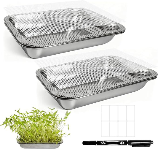 2 Pack Stainless Steel Seed Sprouter Trays, 2-Tier Soil-Free Microgreens Growing Kit, Rust-Free Sprouting Tray with Mesh Pads for Sprouts Beans Alfalfa Wheatgrass (12.6"*8.7"*2.8")