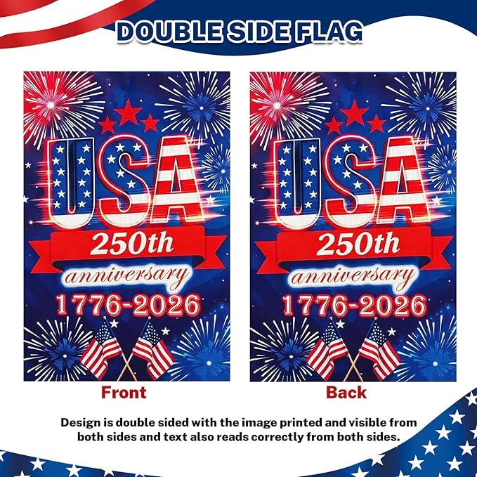 250 Anniversary Usa Garden Flags for Outside, 250 Anniversary USA Flag 1776-2026 Commemorative Patriotic Yard Sign Outdoor Firework Design Banner 4th of July Decorations Double Sided Waterproof 250 Year American Flag 28x40 Inch