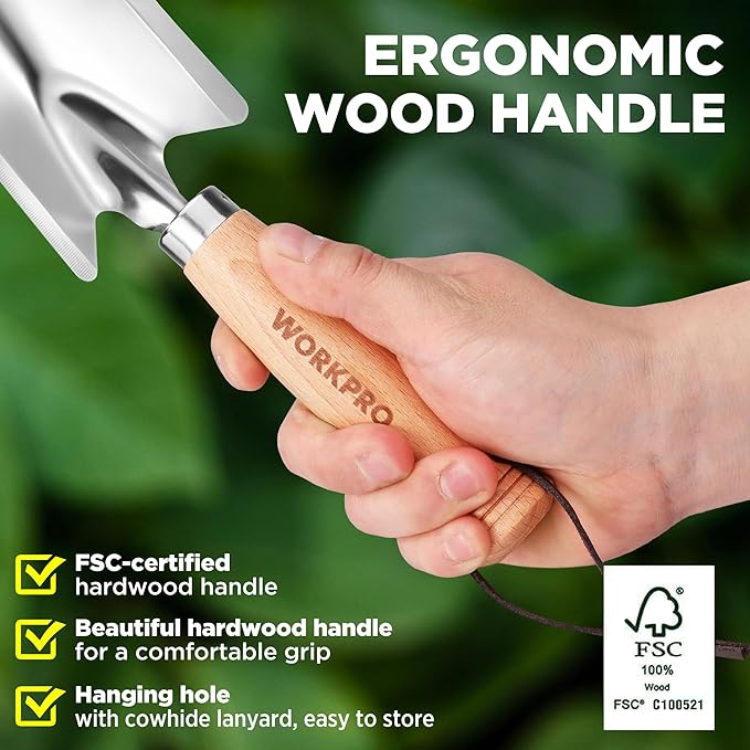 WORKPRO 11" Garden Hand Trowel, Heavy Duty Polished Stainless Steel Garden Shovel with Wooden Handle, Hand Gardening Tool for Digging, Planting, Transplanting