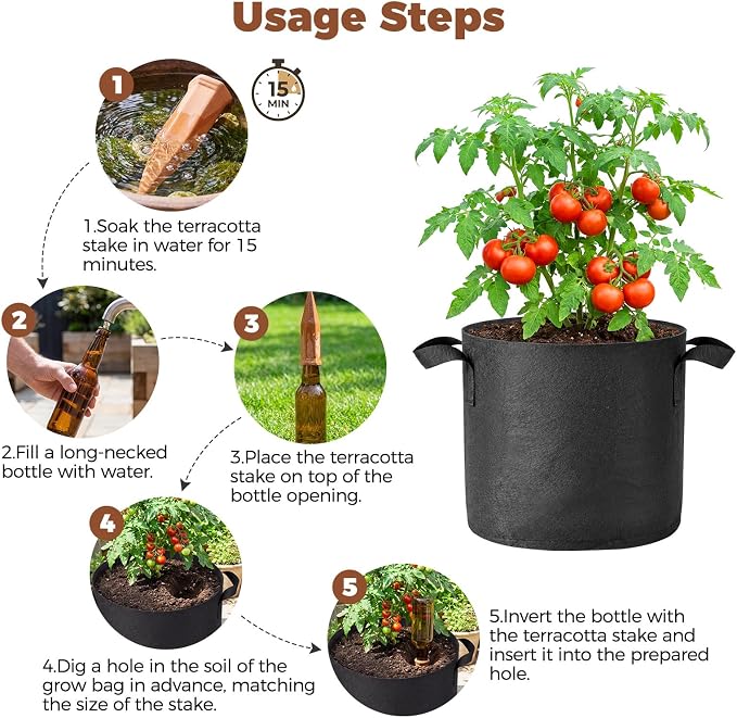 5-Pack 5 Gallon Self Watering Grow Bags with 5pcs Terracotta Watering Spikes, Fabric Growing Plant Bags Garden Planting Pots for Gardening Outdoor, Planter Bags for Potato Tomato Cucumbers Vegetables