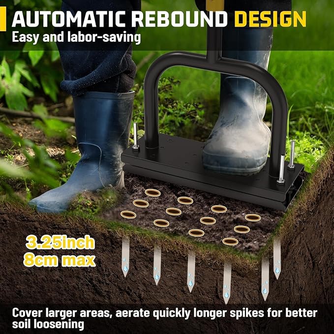 Lawn Aerator Tool, Core Aerator Lawn Tool with 12 Spikes, Automatic Dirt Clean with Spring-Loaded, Manual Grass Aerator Spike Lawn Coring Aerator for Yard Lawn Aeration Soil Loosening Garden Yellow